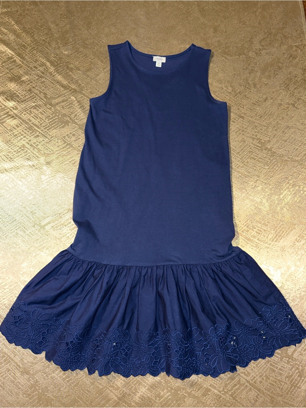 100% Cotton J. Crew Navy Sleeveless Dress with Eyelet Ruffle Hem Size XXS